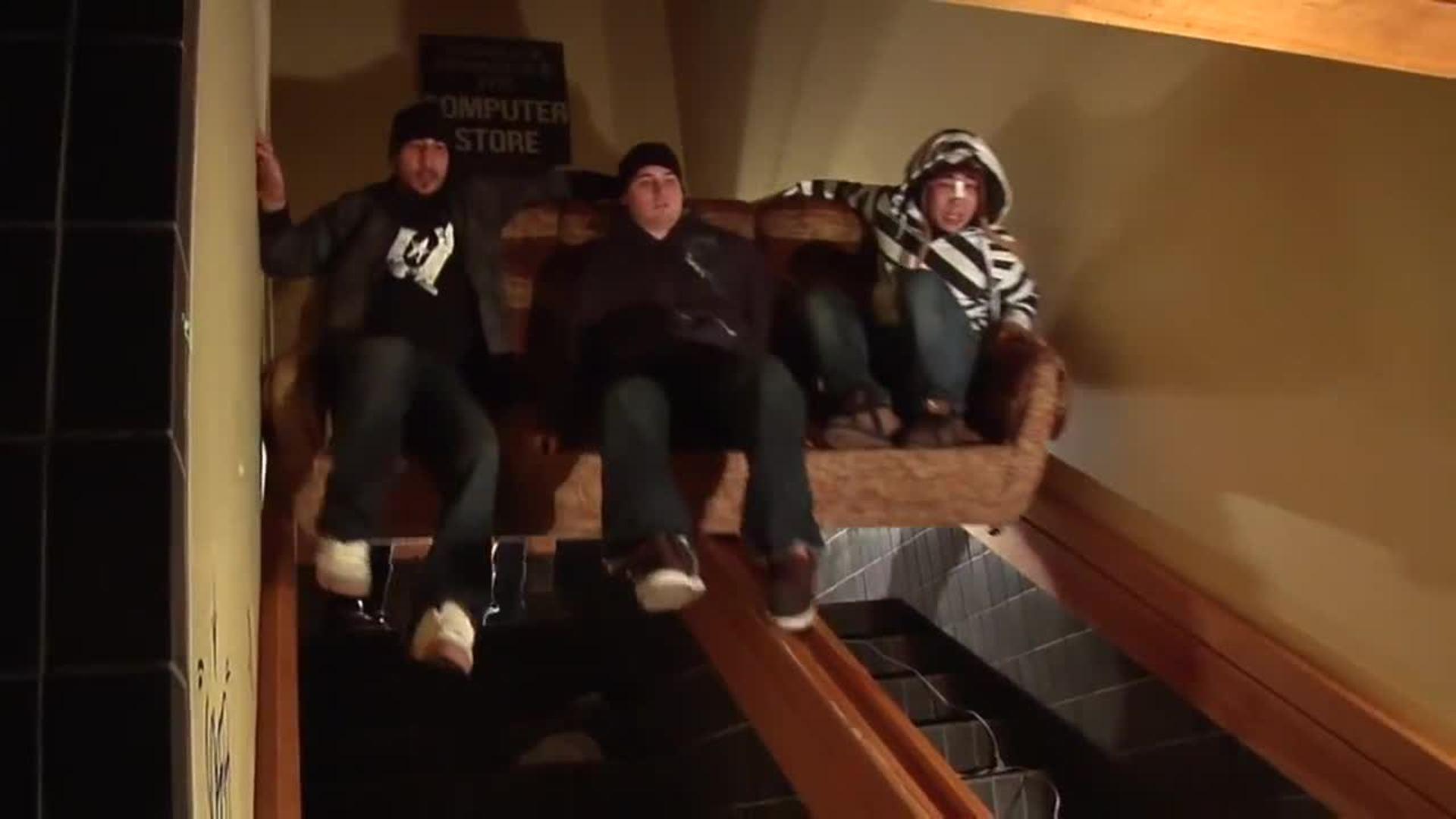 Friends Ride Couch Down Handrail | Jukin Licensing