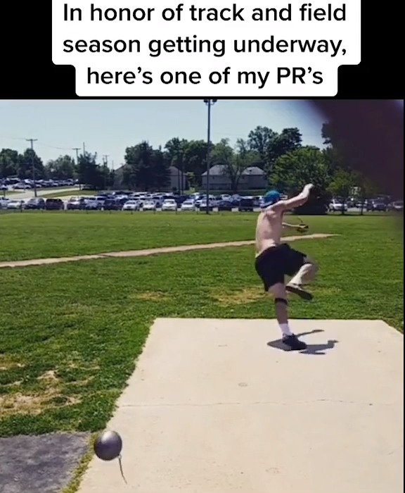 Guy Practicing Hammer Throw Accidentally Knocks Down Camera With it