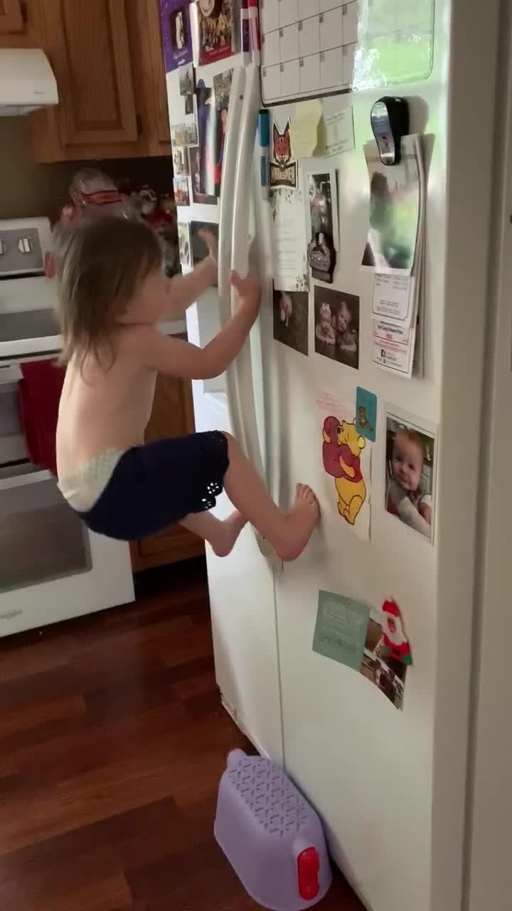 Kid With Climbing Skills Climbs Doors of Refrigerator via its Handles
